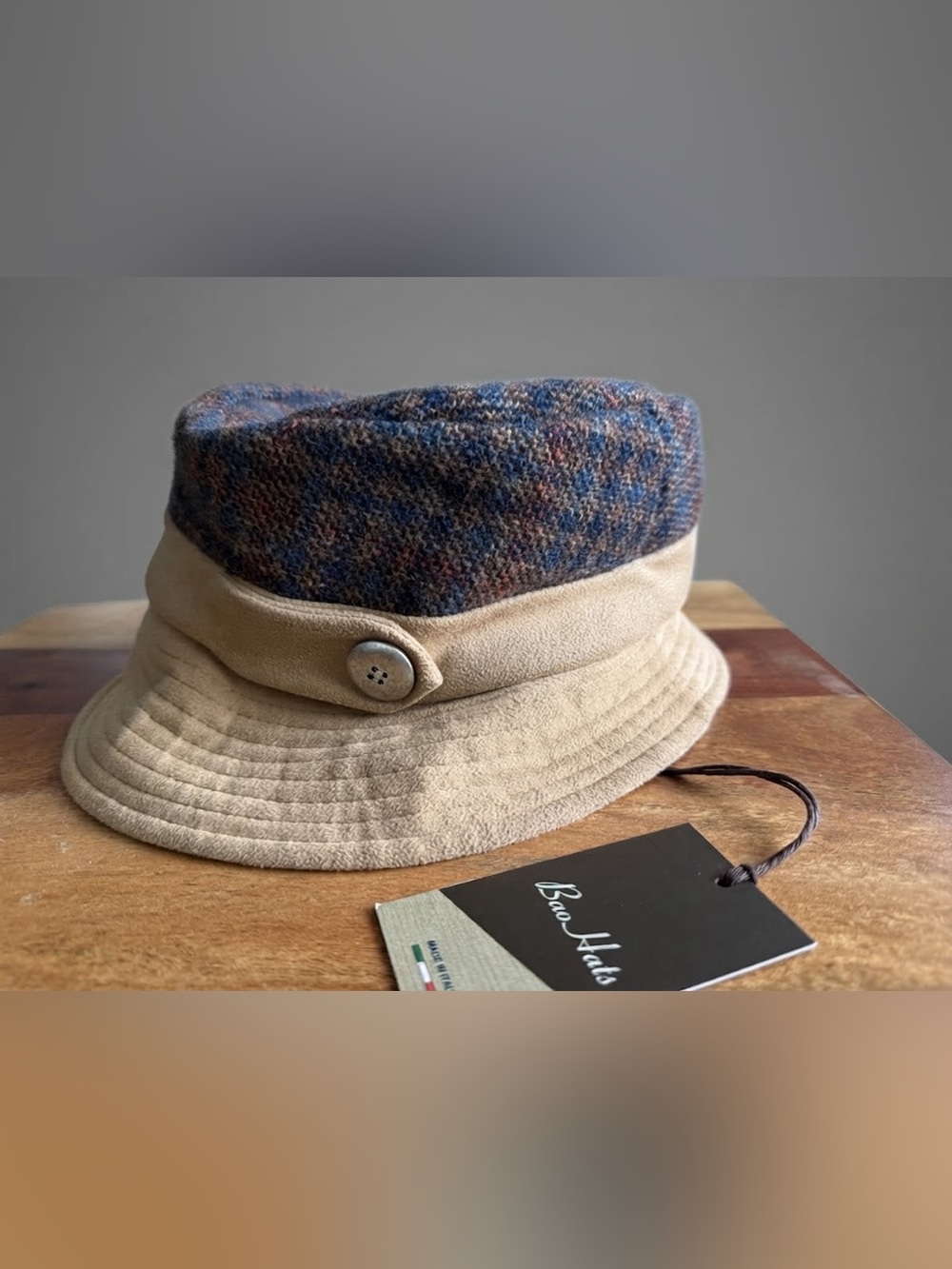 Bao Hats Italian Made Wool Tweed & Suede Button Detail Bucket Hat Size S